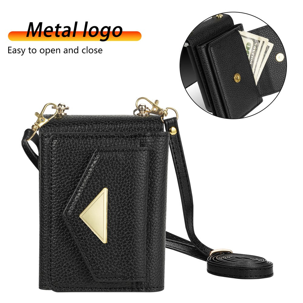For Samsung Galaxy Z Flip7 5G Case Card Slots PU + PC Phone Cover with Long Strap - Black