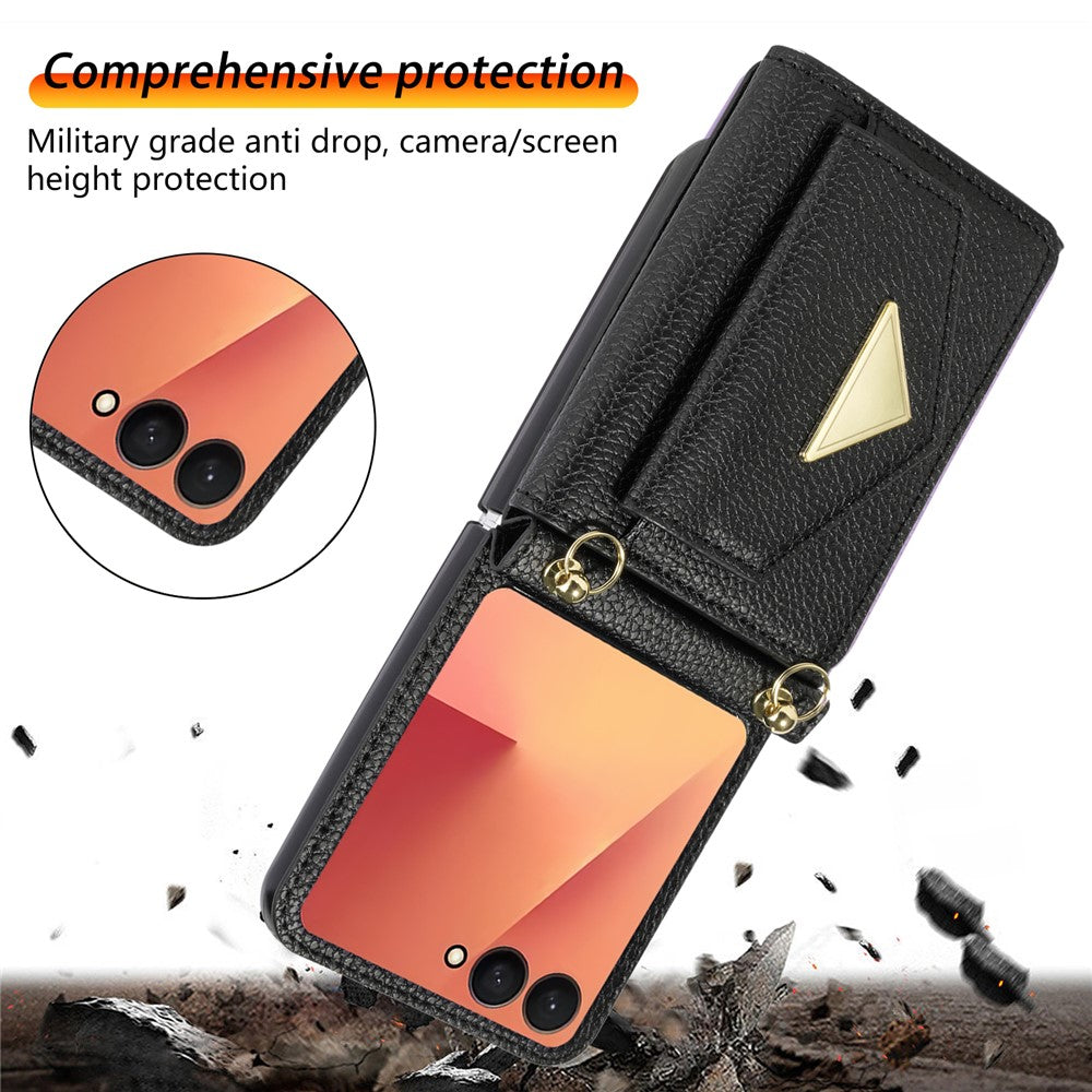 For Samsung Galaxy Z Flip7 5G Case Card Slots PU + PC Phone Cover with Long Strap - Black