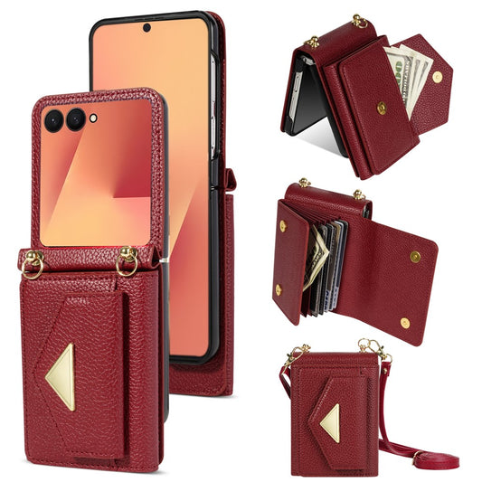 For Samsung Galaxy Z Flip7 5G Case Card Slots PU + PC Phone Cover with Long Strap - Wine Red