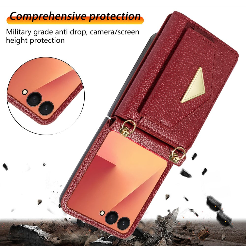For Samsung Galaxy Z Flip7 5G Case Card Slots PU + PC Phone Cover with Long Strap - Wine Red