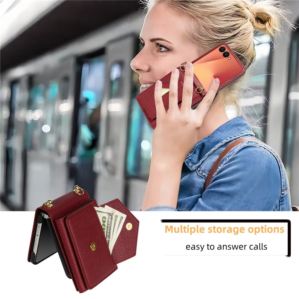 For Samsung Galaxy Z Flip7 5G Case Card Slots PU + PC Phone Cover with Long Strap - Wine Red