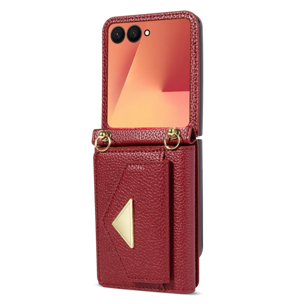 For Samsung Galaxy Z Flip7 5G Case Card Slots PU + PC Phone Cover with Long Strap - Wine Red