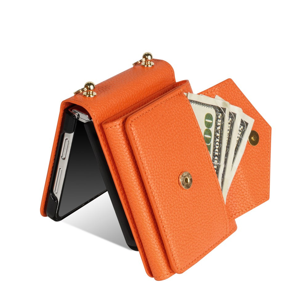 For Samsung Galaxy Z Flip7 5G Case Card Slots PU + PC Phone Cover with Long Strap - Orange