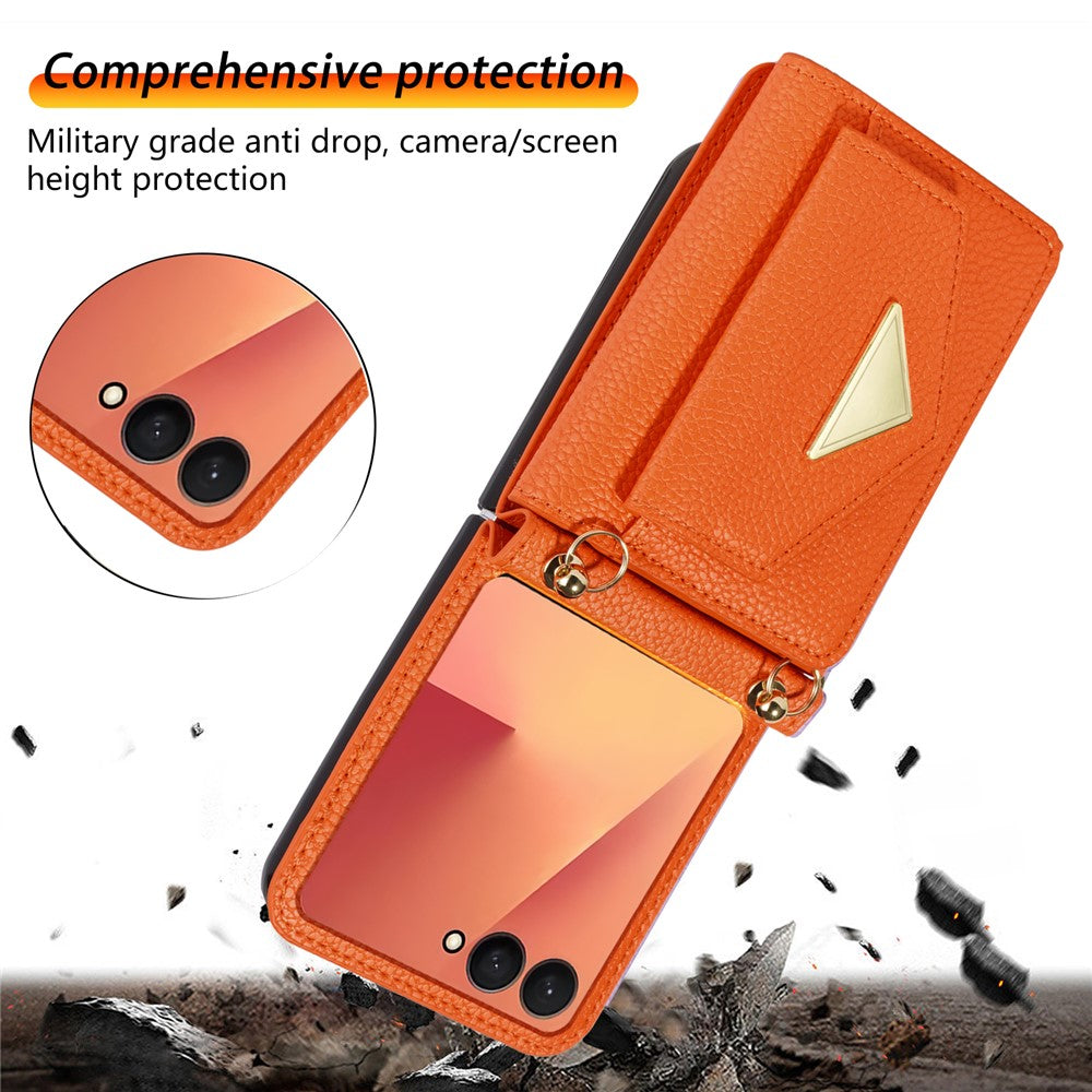 For Samsung Galaxy Z Flip7 5G Case Card Slots PU + PC Phone Cover with Long Strap - Orange