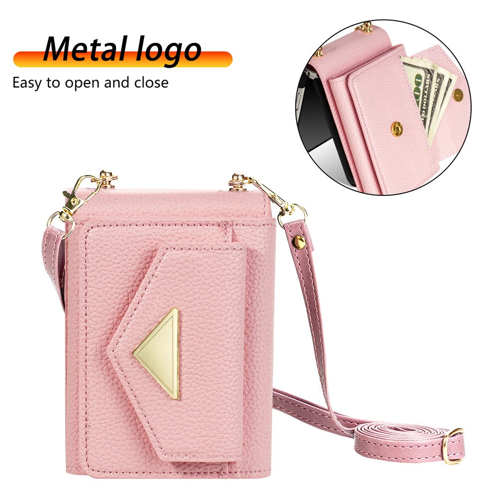 For Samsung Galaxy Z Flip7 5G Case Card Slots PU + PC Phone Cover with Long Strap - Pink