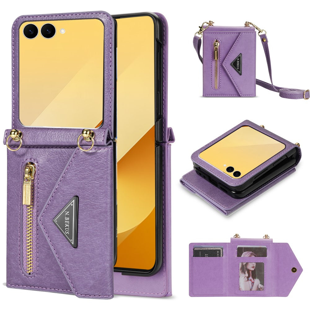N.BEKUS For Samsung Galaxy Z Flip7 5G Case Zipper Card Holder PU + PC Phone Cover with Shoulder Strap - Purple