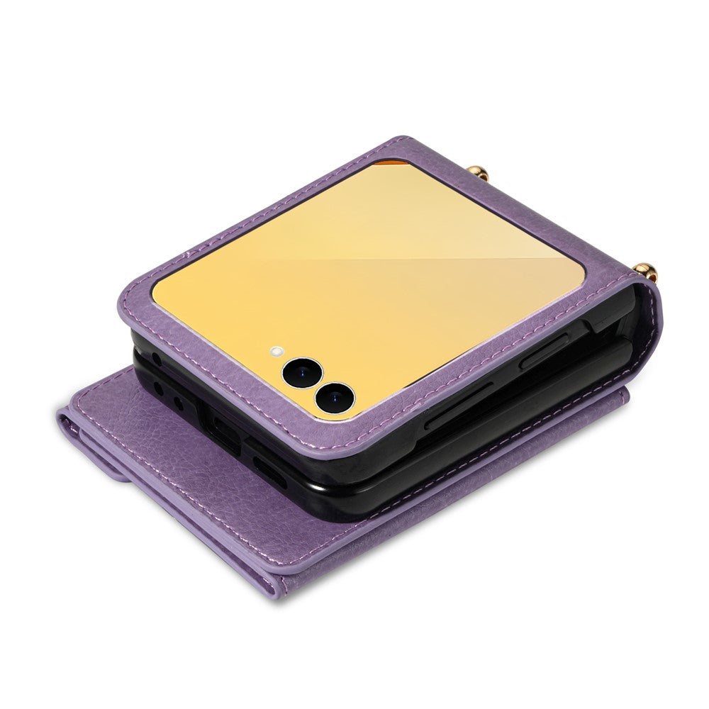 N.BEKUS For Samsung Galaxy Z Flip7 5G Case Zipper Card Holder PU + PC Phone Cover with Shoulder Strap - Purple