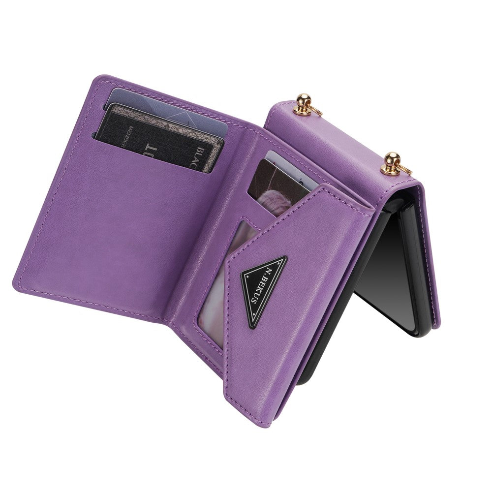 N.BEKUS For Samsung Galaxy Z Flip7 5G Case Zipper Card Holder PU + PC Phone Cover with Shoulder Strap - Purple