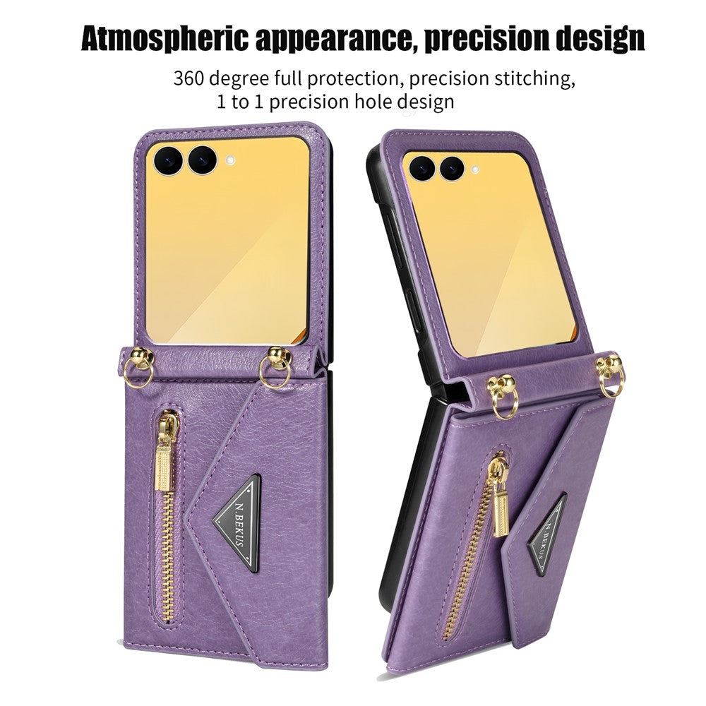 N.BEKUS For Samsung Galaxy Z Flip7 5G Case Zipper Card Holder PU + PC Phone Cover with Shoulder Strap - Purple