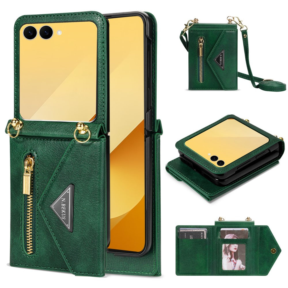 N.BEKUS For Samsung Galaxy Z Flip7 5G Case Zipper Card Holder PU + PC Phone Cover with Shoulder Strap - Green