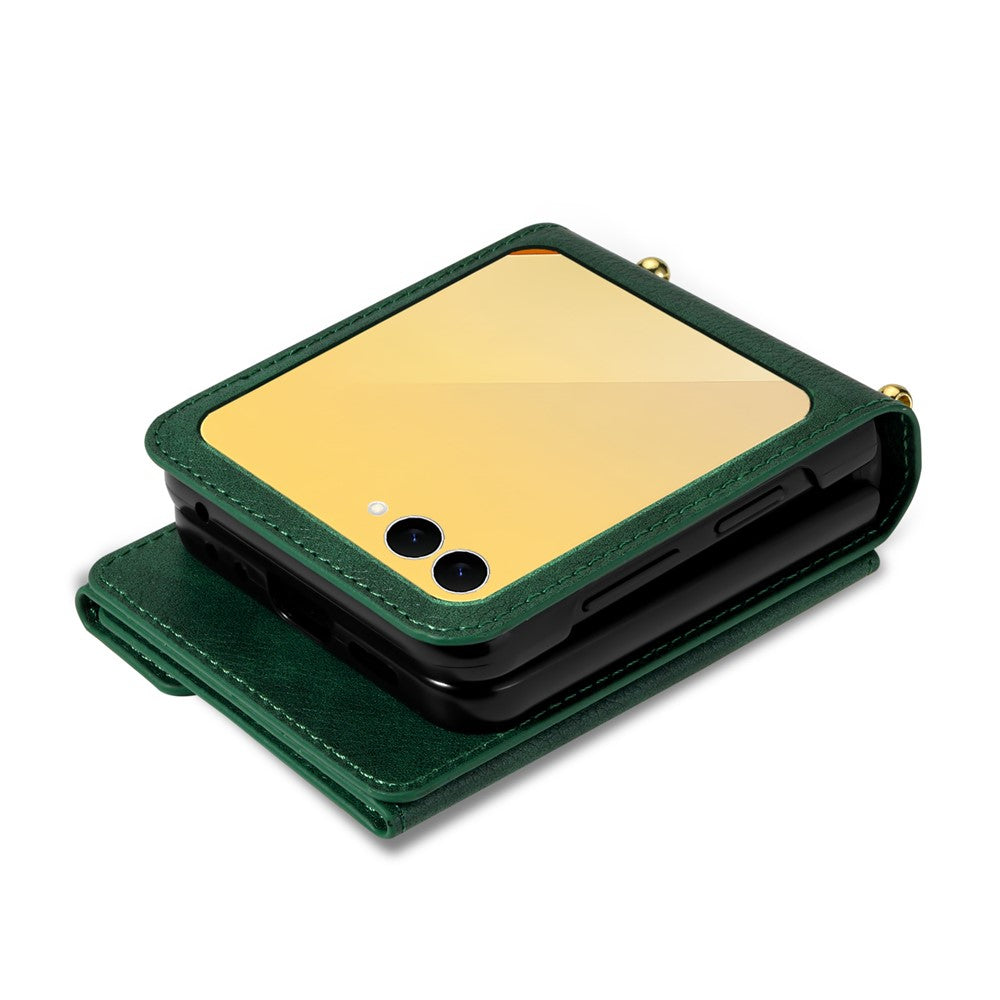 N.BEKUS For Samsung Galaxy Z Flip7 5G Case Zipper Card Holder PU + PC Phone Cover with Shoulder Strap - Green