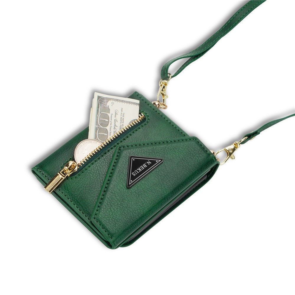 N.BEKUS For Samsung Galaxy Z Flip7 5G Case Zipper Card Holder PU + PC Phone Cover with Shoulder Strap - Green