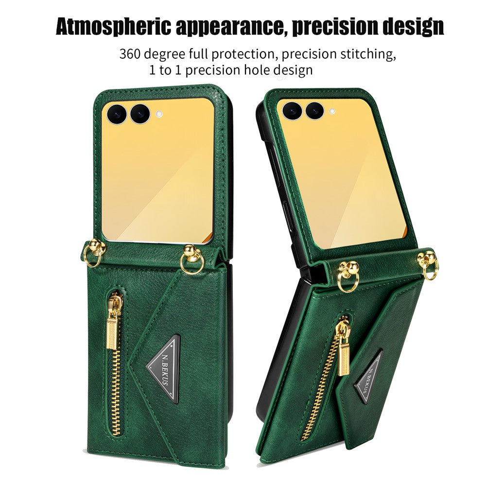 N.BEKUS For Samsung Galaxy Z Flip7 5G Case Zipper Card Holder PU + PC Phone Cover with Shoulder Strap - Green