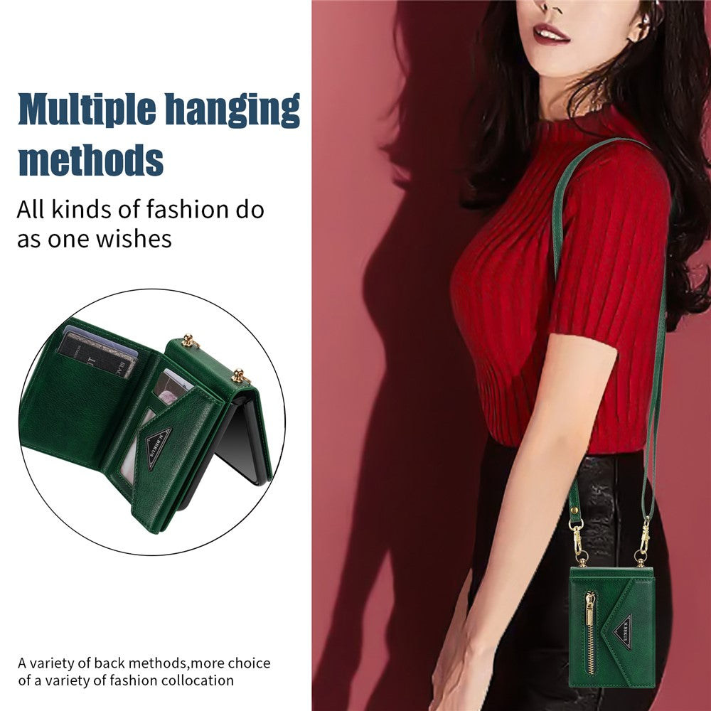 N.BEKUS For Samsung Galaxy Z Flip7 5G Case Zipper Card Holder PU + PC Phone Cover with Shoulder Strap - Green