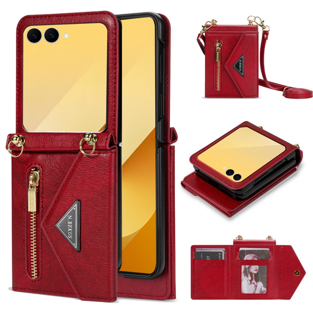 N.BEKUS For Samsung Galaxy Z Flip7 5G Case Zipper Card Holder PU + PC Phone Cover with Shoulder Strap - Red