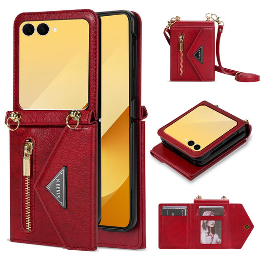 N.BEKUS For Samsung Galaxy Z Flip7 5G Case Zipper Card Holder PU + PC Phone Cover with Shoulder Strap - Red
