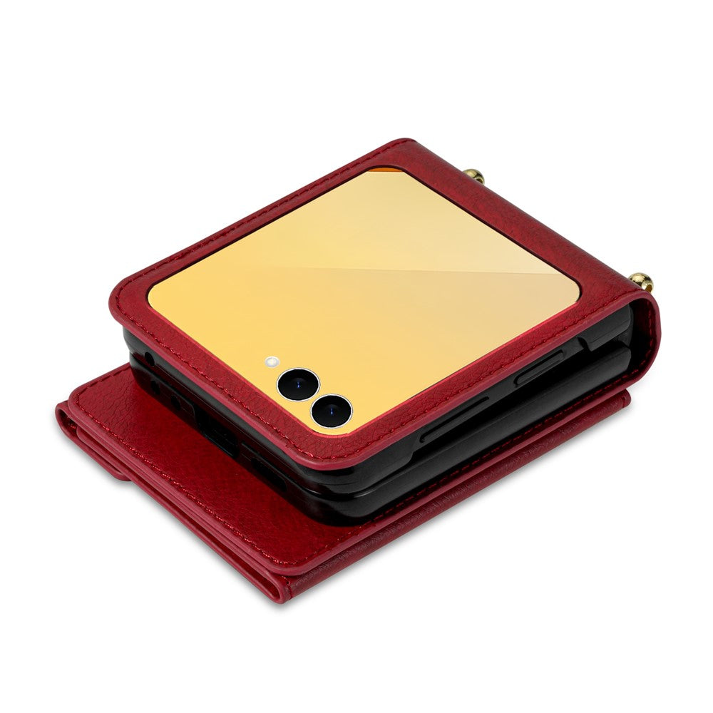 N.BEKUS For Samsung Galaxy Z Flip7 5G Case Zipper Card Holder PU + PC Phone Cover with Shoulder Strap - Red