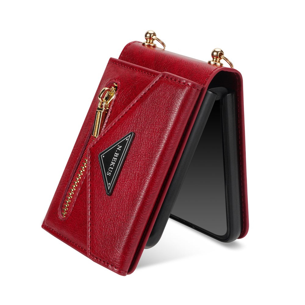 N.BEKUS For Samsung Galaxy Z Flip7 5G Case Zipper Card Holder PU + PC Phone Cover with Shoulder Strap - Red