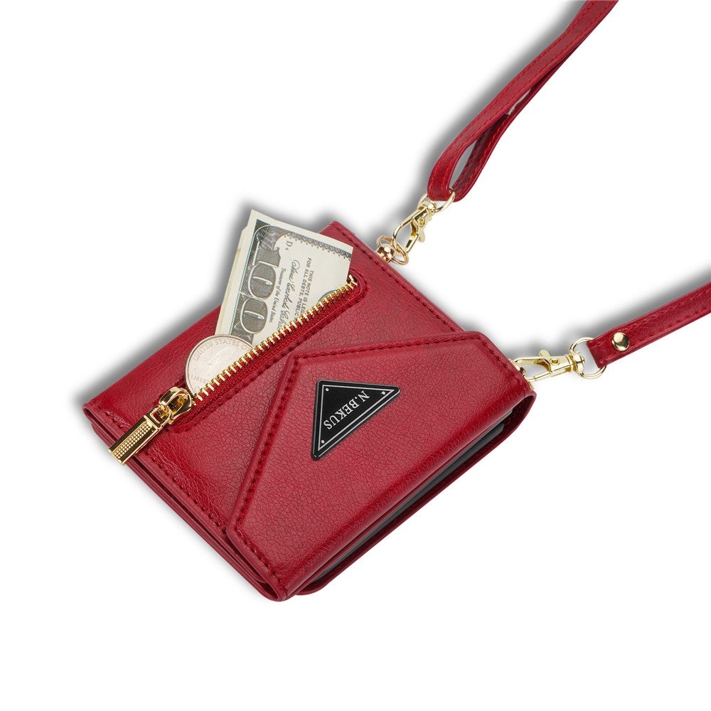 N.BEKUS For Samsung Galaxy Z Flip7 5G Case Zipper Card Holder PU + PC Phone Cover with Shoulder Strap - Red