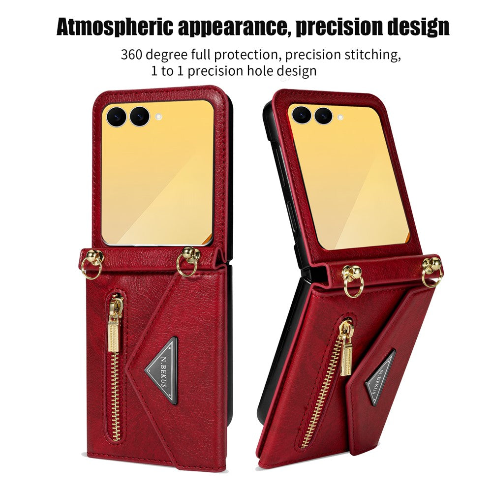 N.BEKUS For Samsung Galaxy Z Flip7 5G Case Zipper Card Holder PU + PC Phone Cover with Shoulder Strap - Red