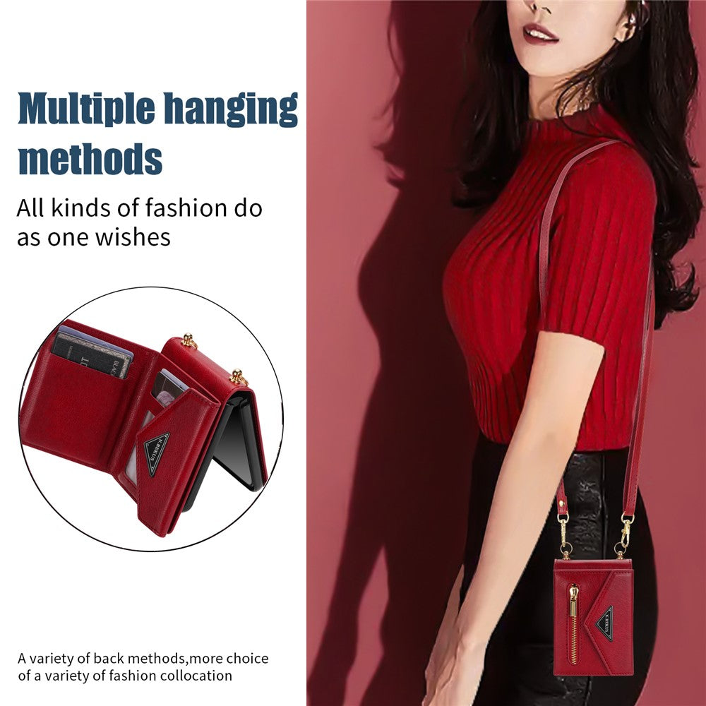 N.BEKUS For Samsung Galaxy Z Flip7 5G Case Zipper Card Holder PU + PC Phone Cover with Shoulder Strap - Red