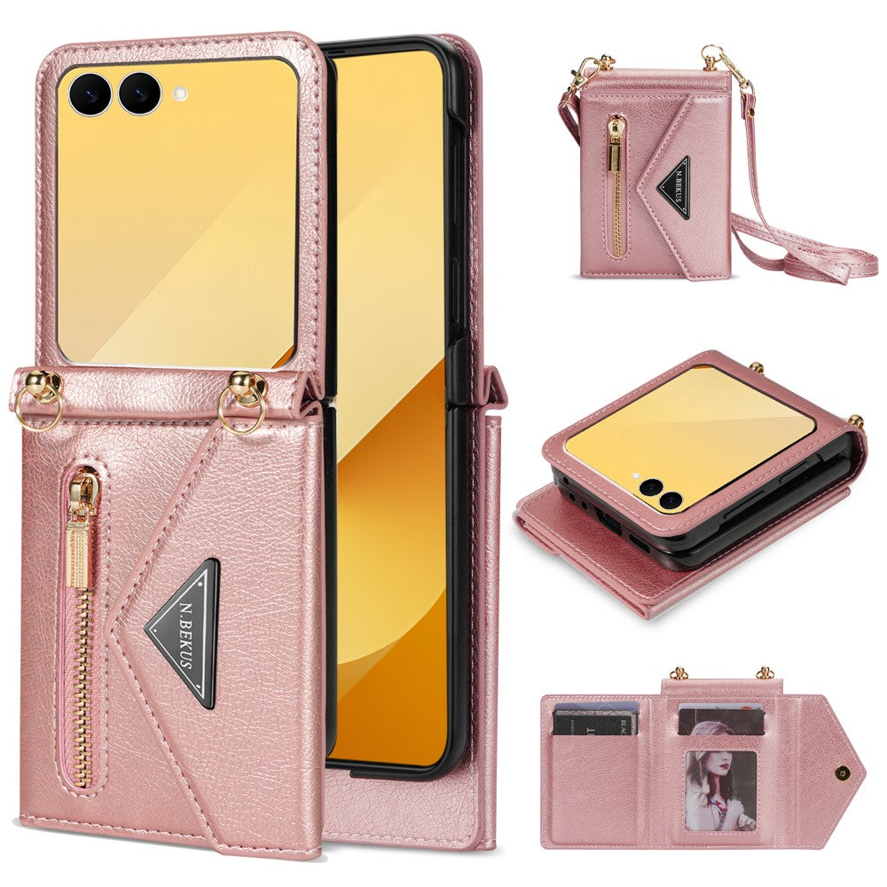 N.BEKUS For Samsung Galaxy Z Flip7 5G Case Zipper Card Holder PU + PC Phone Cover with Shoulder Strap - Pink