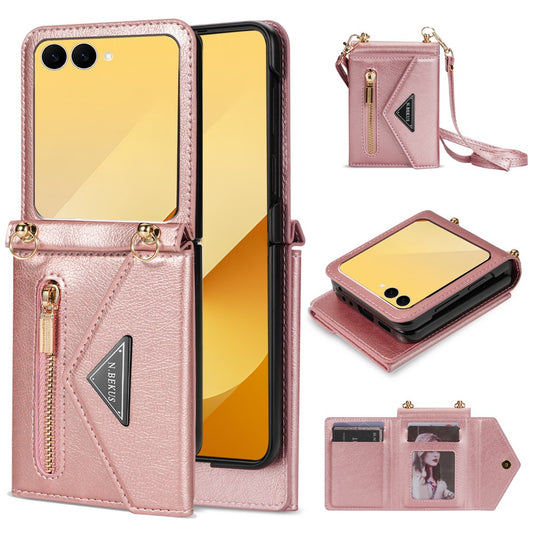 N.BEKUS For Samsung Galaxy Z Flip7 5G Case Zipper Card Holder PU + PC Phone Cover with Shoulder Strap - Pink