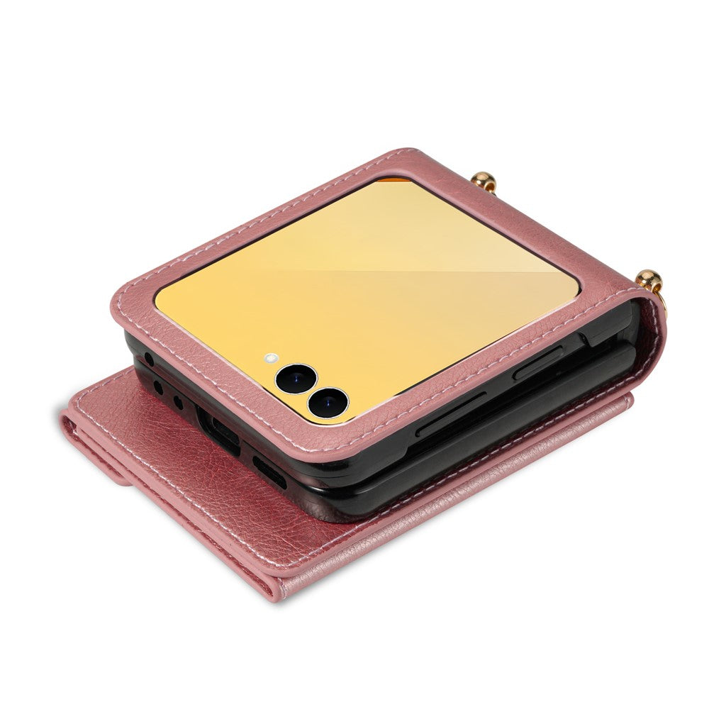 N.BEKUS For Samsung Galaxy Z Flip7 5G Case Zipper Card Holder PU + PC Phone Cover with Shoulder Strap - Pink