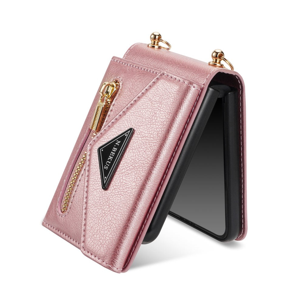 N.BEKUS For Samsung Galaxy Z Flip7 5G Case Zipper Card Holder PU + PC Phone Cover with Shoulder Strap - Pink