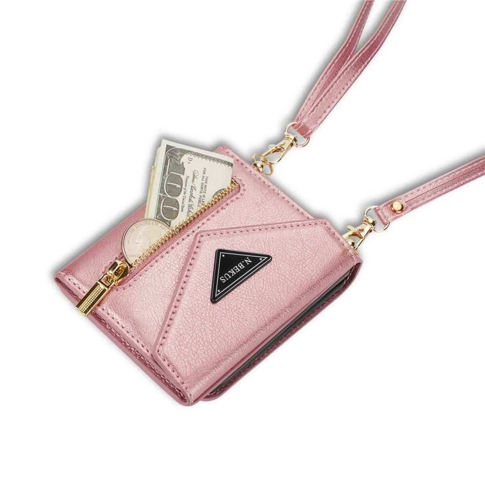 N.BEKUS For Samsung Galaxy Z Flip7 5G Case Zipper Card Holder PU + PC Phone Cover with Shoulder Strap - Pink