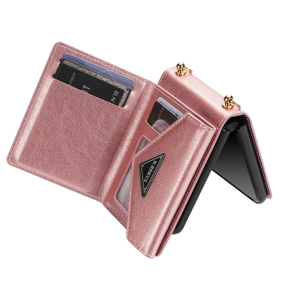 N.BEKUS For Samsung Galaxy Z Flip7 5G Case Zipper Card Holder PU + PC Phone Cover with Shoulder Strap - Pink