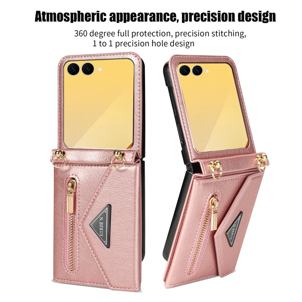 N.BEKUS For Samsung Galaxy Z Flip7 5G Case Zipper Card Holder PU + PC Phone Cover with Shoulder Strap - Pink