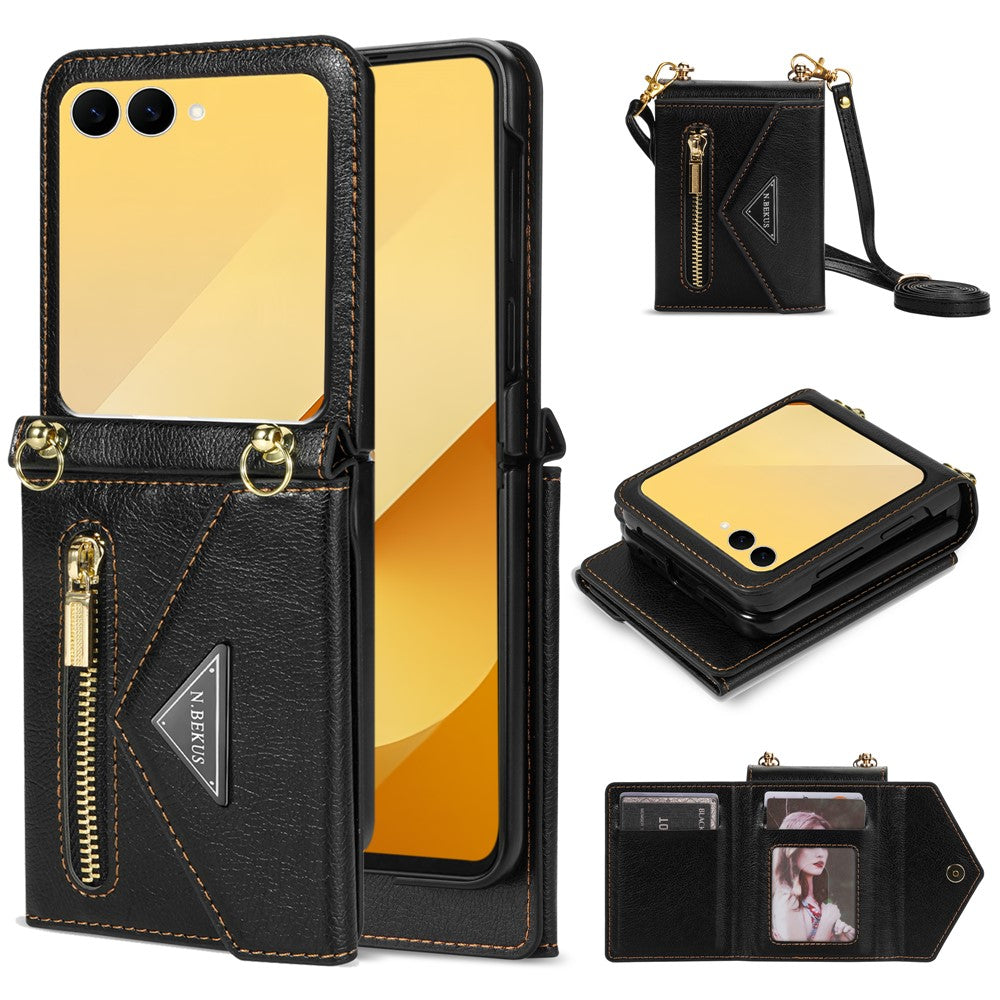 N.BEKUS For Samsung Galaxy Z Flip7 5G Case Zipper Card Holder PU + PC Phone Cover with Shoulder Strap - Black