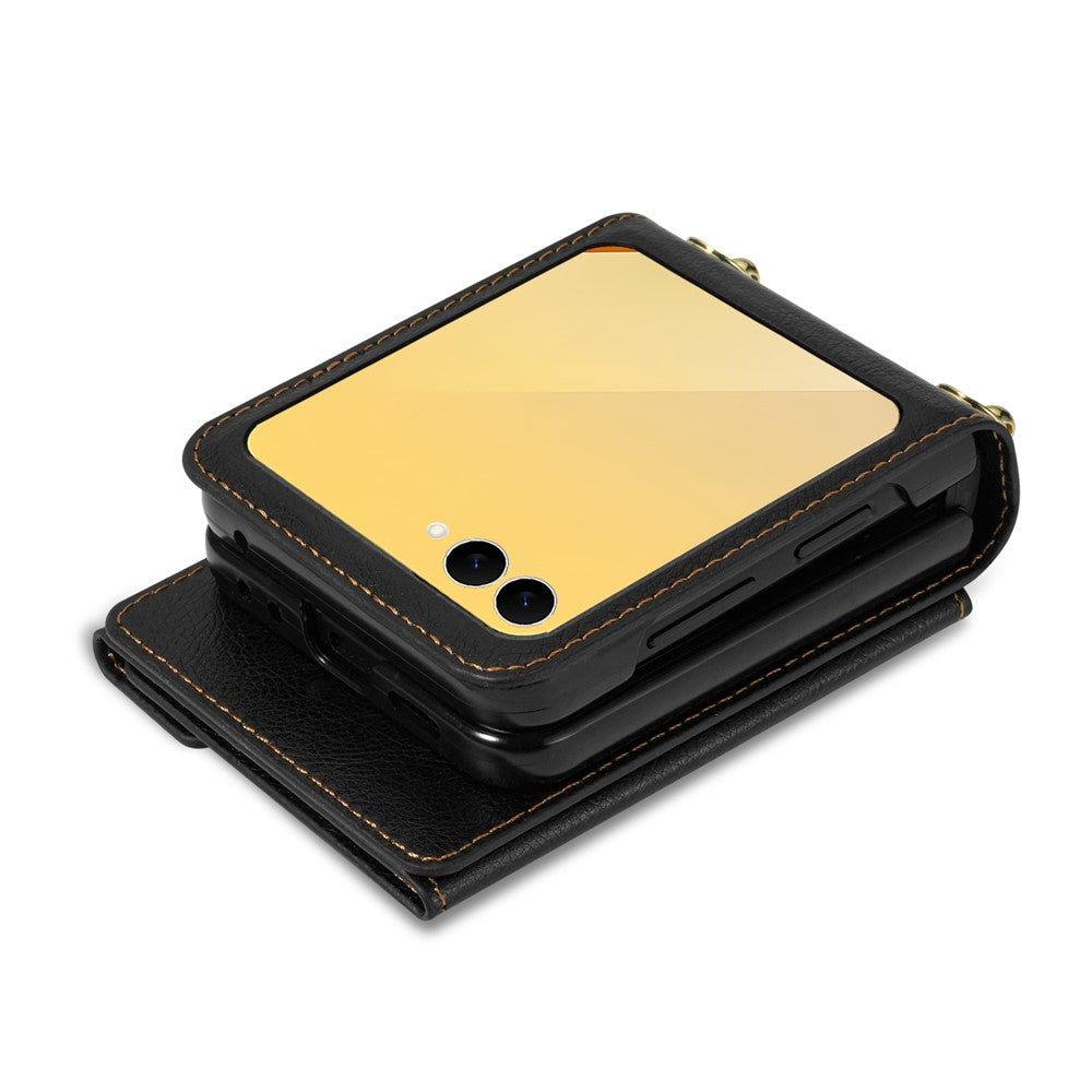 N.BEKUS For Samsung Galaxy Z Flip7 5G Case Zipper Card Holder PU + PC Phone Cover with Shoulder Strap - Black