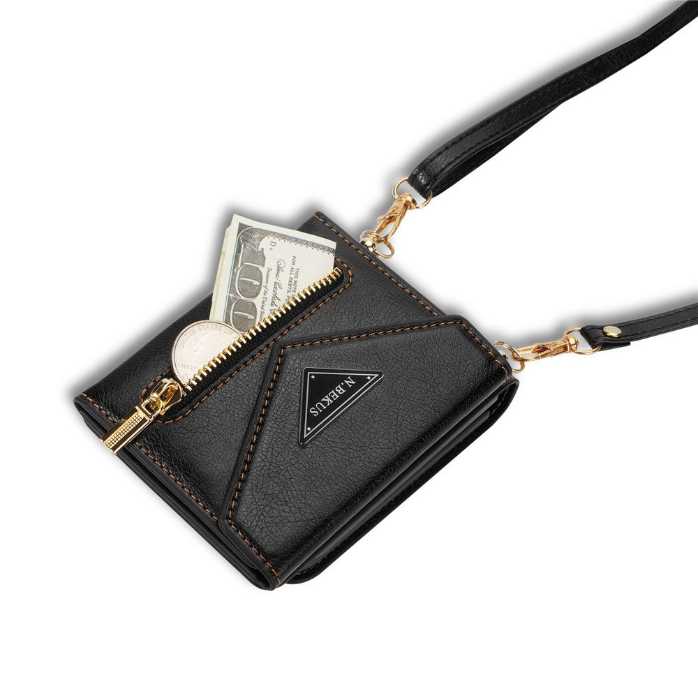 N.BEKUS For Samsung Galaxy Z Flip7 5G Case Zipper Card Holder PU + PC Phone Cover with Shoulder Strap - Black