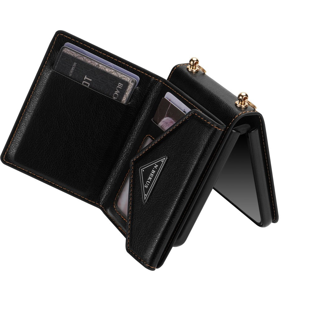 N.BEKUS For Samsung Galaxy Z Flip7 5G Case Zipper Card Holder PU + PC Phone Cover with Shoulder Strap - Black