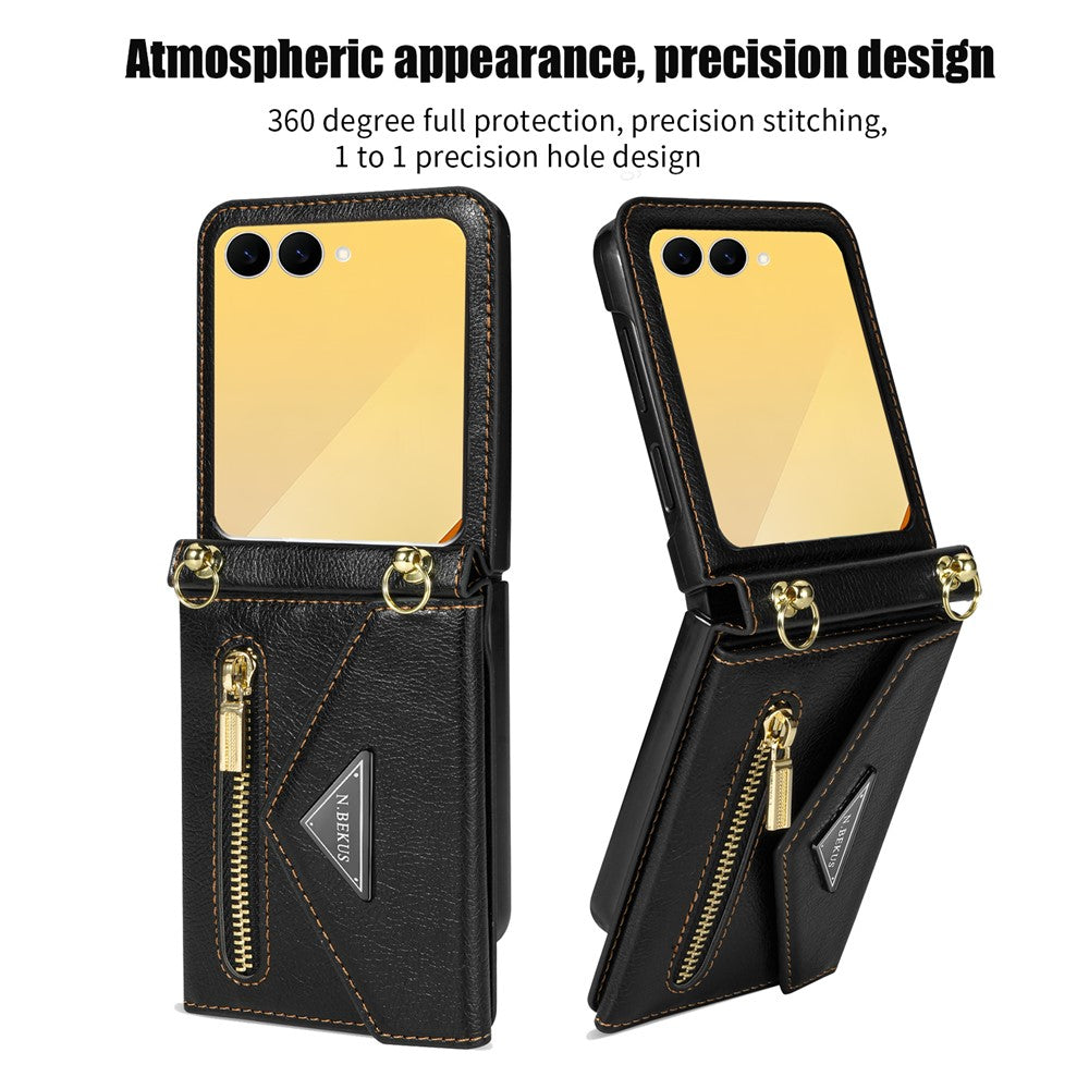 N.BEKUS For Samsung Galaxy Z Flip7 5G Case Zipper Card Holder PU + PC Phone Cover with Shoulder Strap - Black