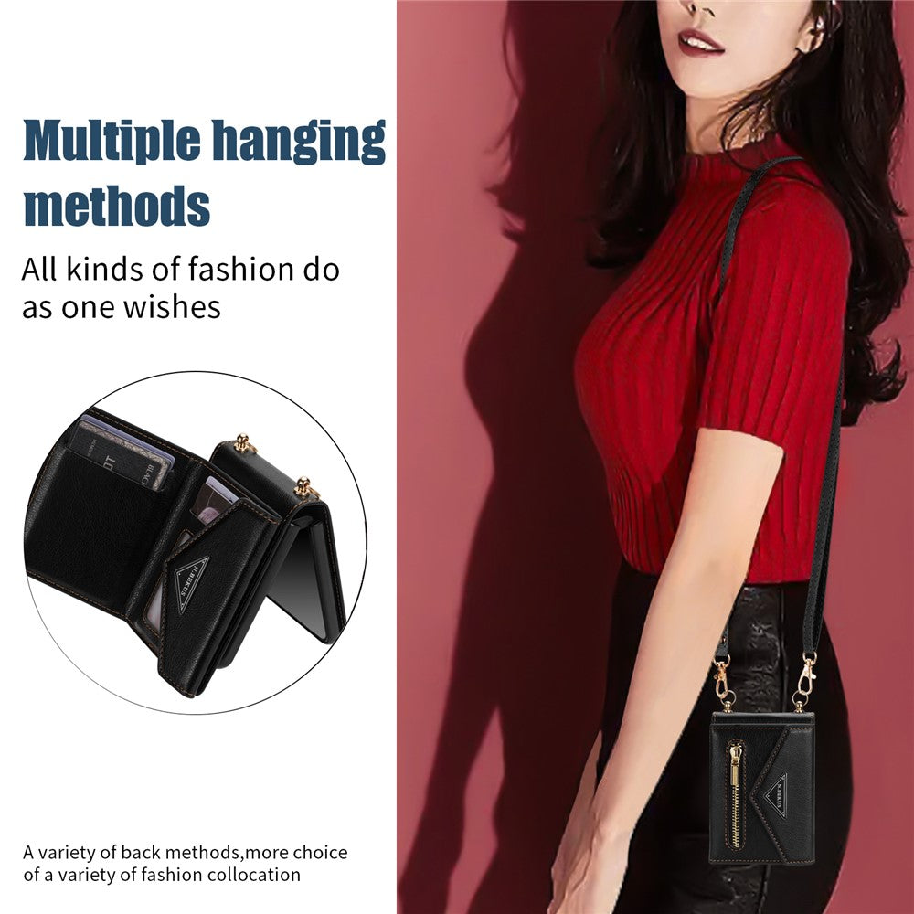 N.BEKUS For Samsung Galaxy Z Flip7 5G Case Zipper Card Holder PU + PC Phone Cover with Shoulder Strap - Black