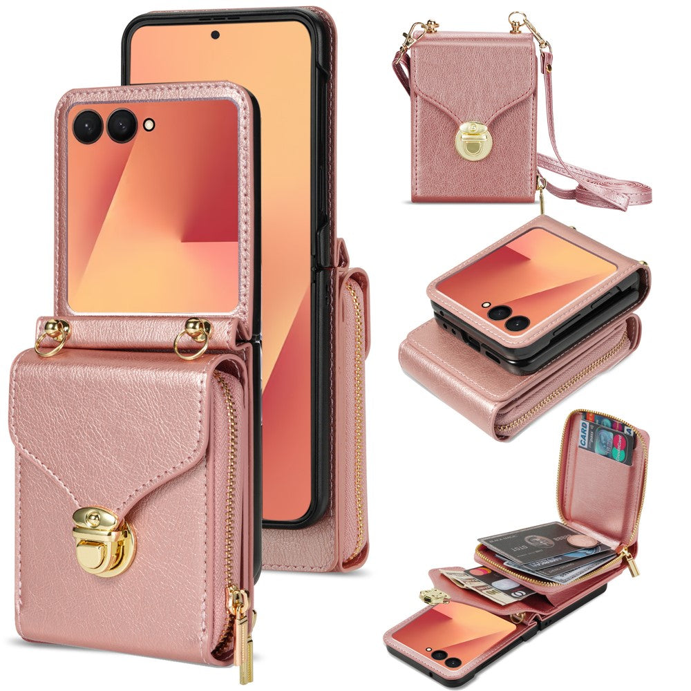 For Samsung Galaxy Z Flip7 5G Case Zipper Wallet PU Leather TPU PC Phone Cover with Shoulder Strap - Rose Gold
