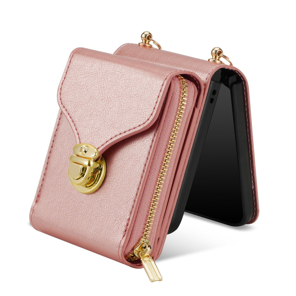 For Samsung Galaxy Z Flip7 5G Case Zipper Wallet PU Leather TPU PC Phone Cover with Shoulder Strap - Rose Gold