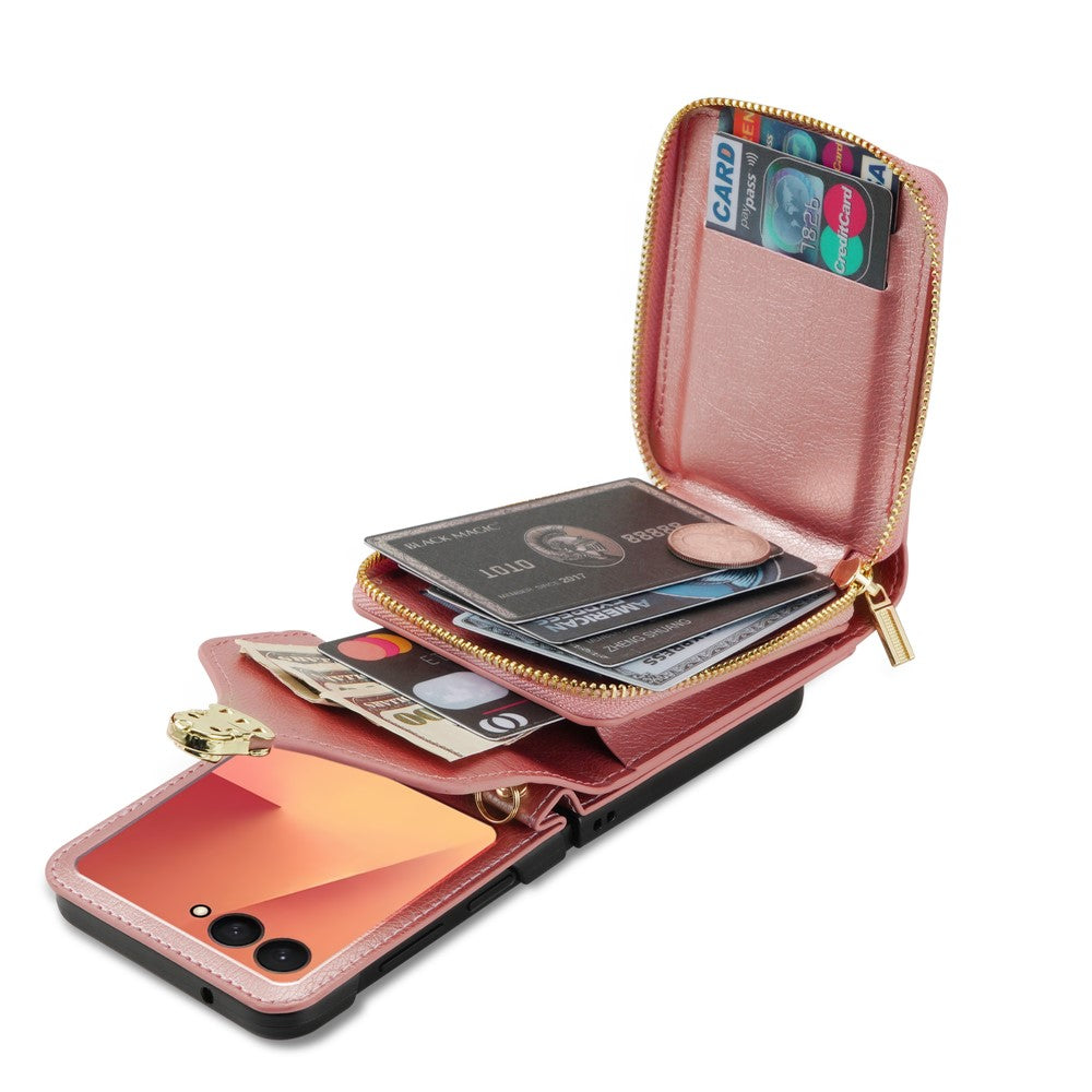 For Samsung Galaxy Z Flip7 5G Case Zipper Wallet PU Leather TPU PC Phone Cover with Shoulder Strap - Rose Gold