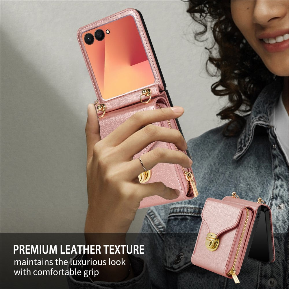 For Samsung Galaxy Z Flip7 5G Case Zipper Wallet PU Leather TPU PC Phone Cover with Shoulder Strap - Rose Gold