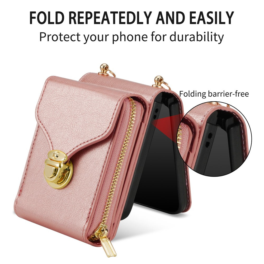 For Samsung Galaxy Z Flip7 5G Case Zipper Wallet PU Leather TPU PC Phone Cover with Shoulder Strap - Rose Gold