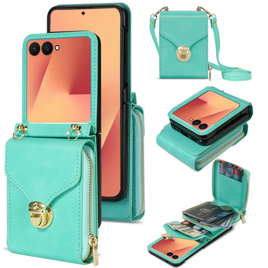 For Samsung Galaxy Z Flip7 5G Case Zipper Wallet PU Leather TPU PC Phone Cover with Shoulder Strap - Mint Green