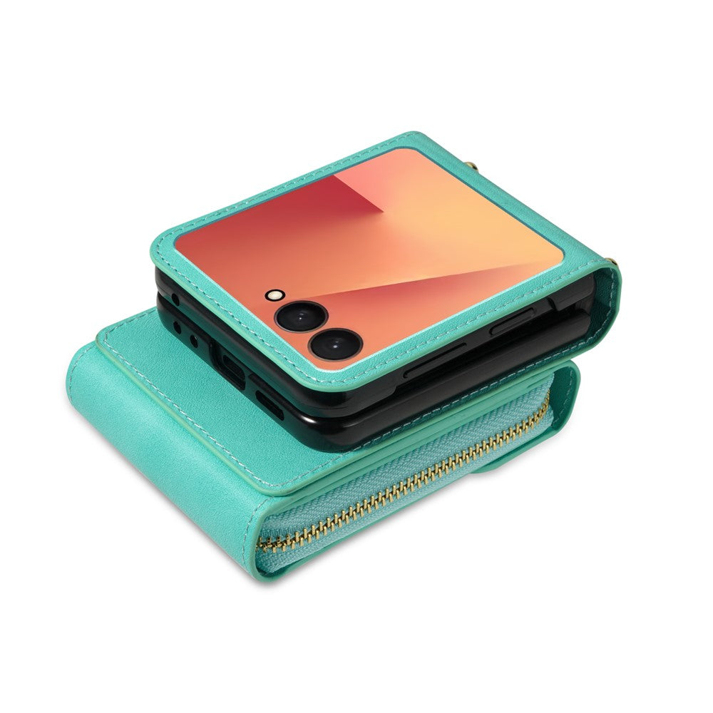 For Samsung Galaxy Z Flip7 5G Case Zipper Wallet PU Leather TPU PC Phone Cover with Shoulder Strap - Mint Green