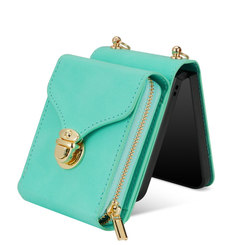 For Samsung Galaxy Z Flip7 5G Case Zipper Wallet PU Leather TPU PC Phone Cover with Shoulder Strap - Mint Green