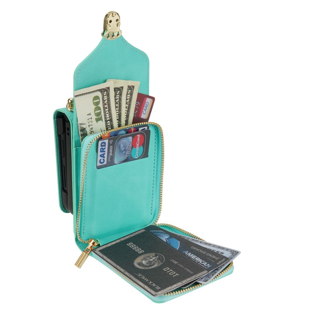 For Samsung Galaxy Z Flip7 5G Case Zipper Wallet PU Leather TPU PC Phone Cover with Shoulder Strap - Mint Green