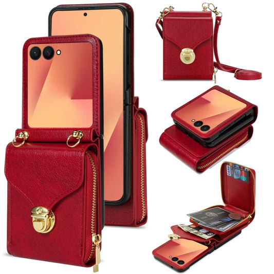 For Samsung Galaxy Z Flip7 5G Case Zipper Wallet PU Leather TPU PC Phone Cover with Shoulder Strap - Red