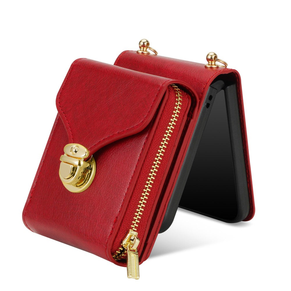 For Samsung Galaxy Z Flip7 5G Case Zipper Wallet PU Leather TPU PC Phone Cover with Shoulder Strap - Red
