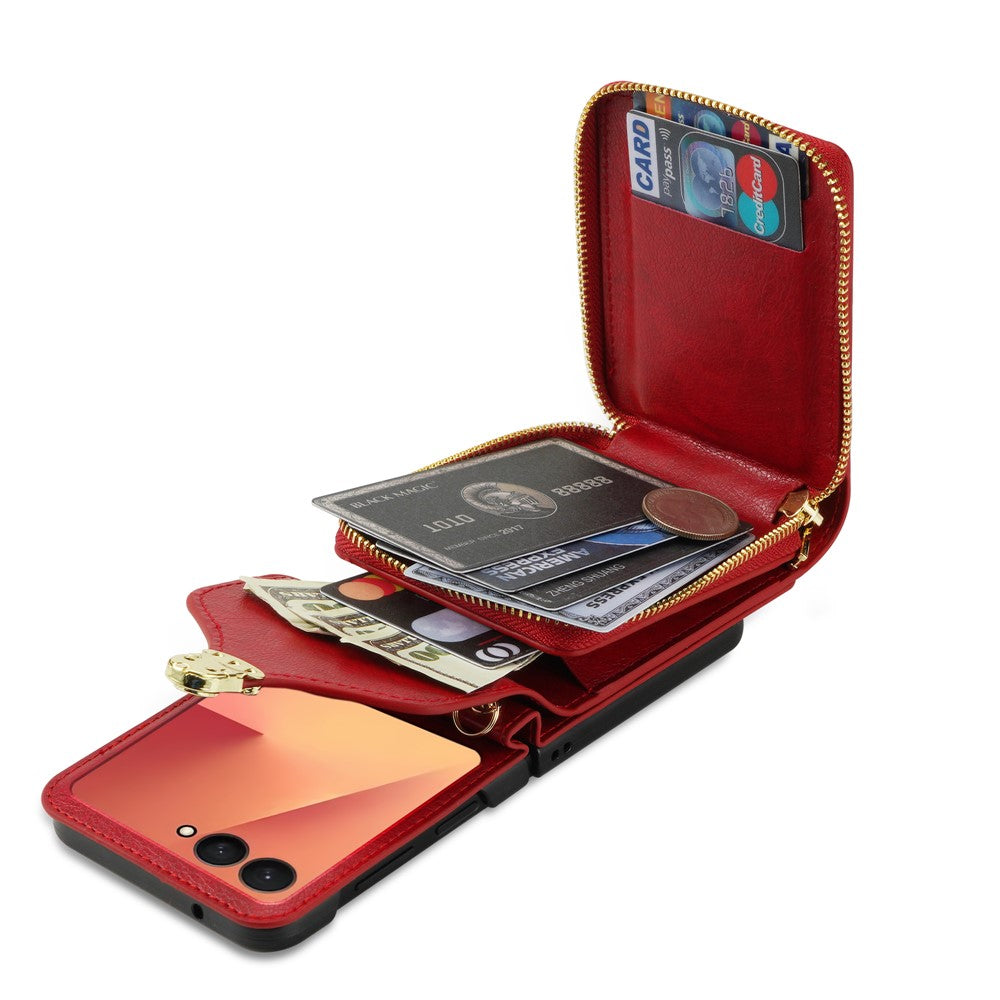 For Samsung Galaxy Z Flip7 5G Case Zipper Wallet PU Leather TPU PC Phone Cover with Shoulder Strap - Red